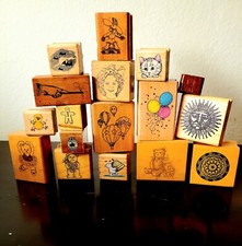 Vtg 1980's Wood Mounted Rubber Stamp Teddy Bears, Cats, Holiday LOT OF 17
