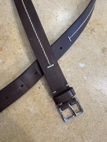 Ermenegildo Zegna Brown Leather Belt White Stitching Made In Italy 36 RARE