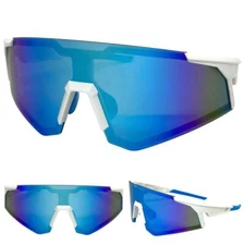 OVERSIZE SPORTS WRAP Biker Cycling Shield SUNGLASSES Large White Frame Blue Lens