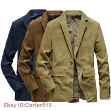 Men Coat Corduroy Suit Jacket Smart Casual Notch Lapel Cord Blazer Vintage