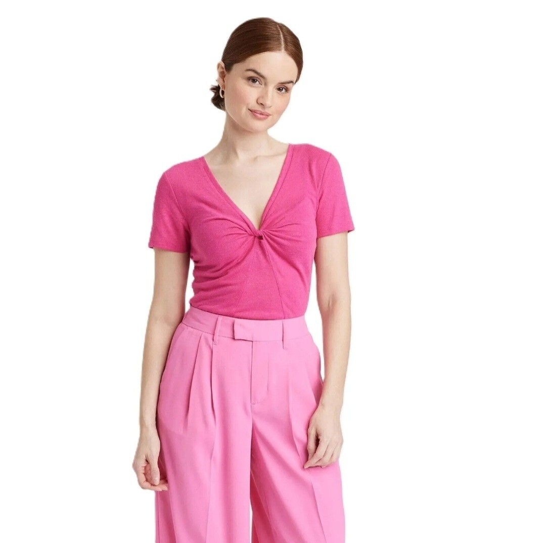 Women's Short Sleeve V-Neck Linen T-Shirt - A New Day Pink XXL. NWT