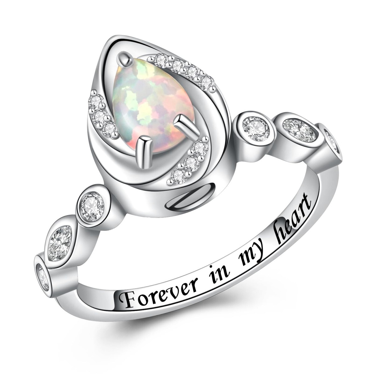 Teardrop Cremation Ring For Ashes - Sterling Silver Memorial Jewelry With Opal For Women (Size 9)