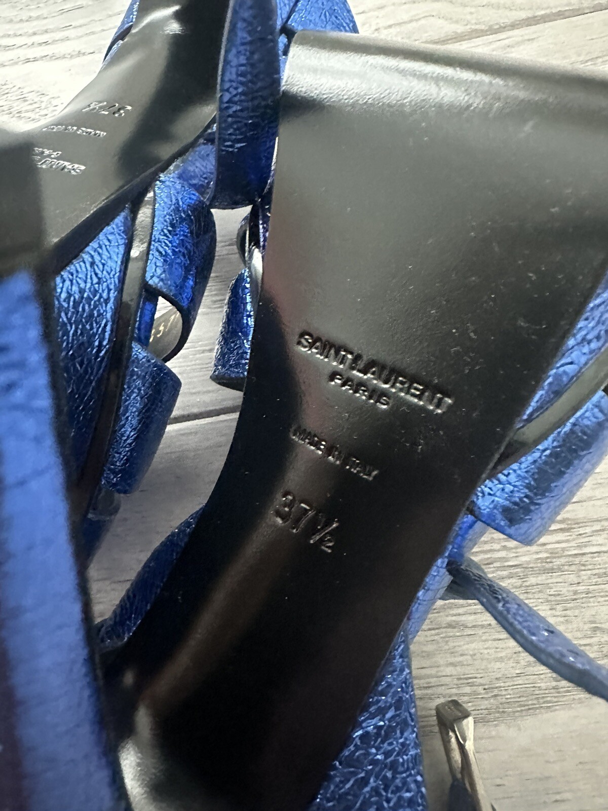 Nuovi sandali décolleté Saint Laurent YSL Tribute blu metallizzato in pelle plateau 37 5