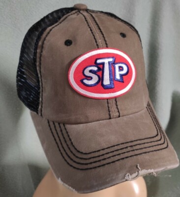 STP Trucker Hat Distressed Baseball Cap Khaki Black Mesh