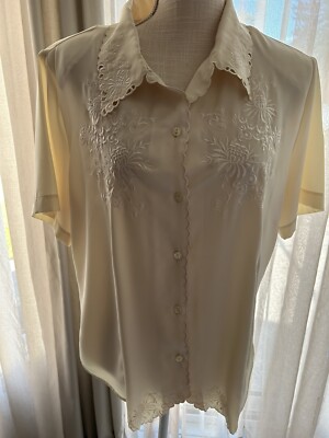 Vintage Retro 80s Beige Embroidered Blouse Cottagecore Grandma Fairy Whimsical L