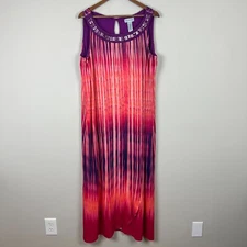 Catherines Dress 1X Pink Purple Maxi Beaded Shift Flowy Colorful Sleeveless Plus