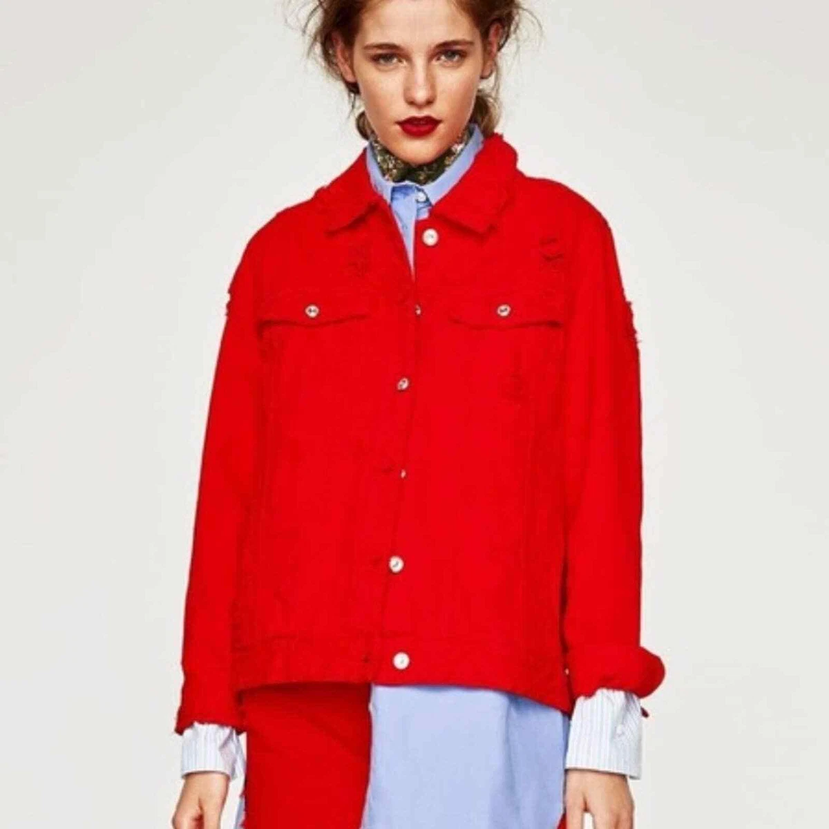 Distressed red denim clearance jacket