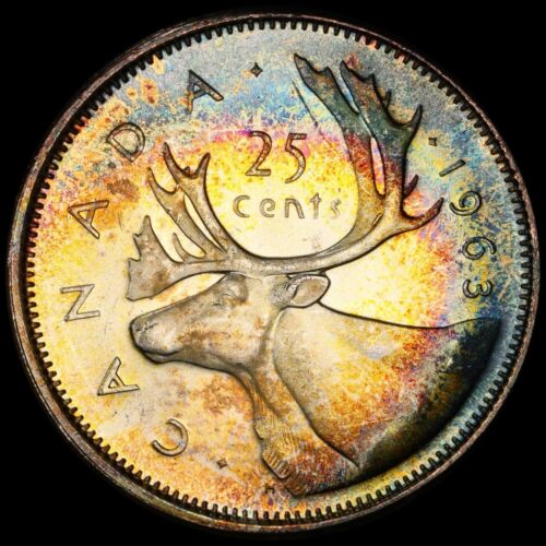 1963 25C Canada PL64 PCGS Toned Canadian Caribou Silver Quarter - Rainbow Toning - Afbeelding 1 van 12