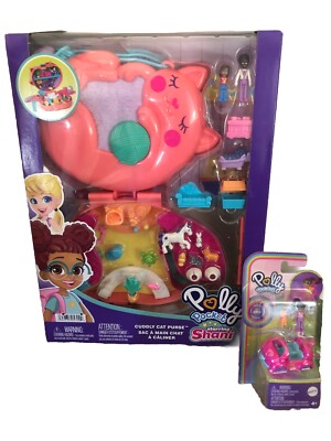 Polly Pocket:  2 pc lot: Cuddly Cat Purse Vet Set & Polly, Car And Cat 2nd Set