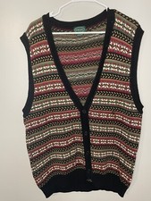 VTG Izod Mens Vest Red/black/green Cotton V Neck Striped Button
