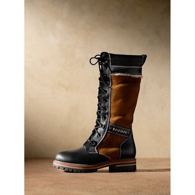 $529 Overland Ilka Tall Laced Boots Black Tan Leather Suede shoes