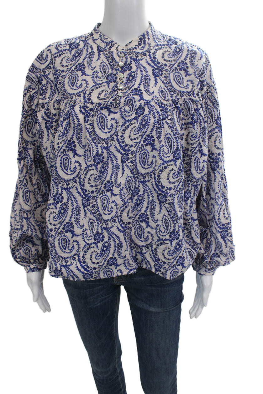 Zara Women Bohemian Paisley Blue Tunic High Neck Button Up Long Sleeve Size LFree Shipping in US $100+ Orders | $6.95 Orders Below