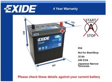 Battery fits HONDA INSIGHT ZE, ZE2 1.0 1.3 2000 on Exide 054 240A 35Ah Quality