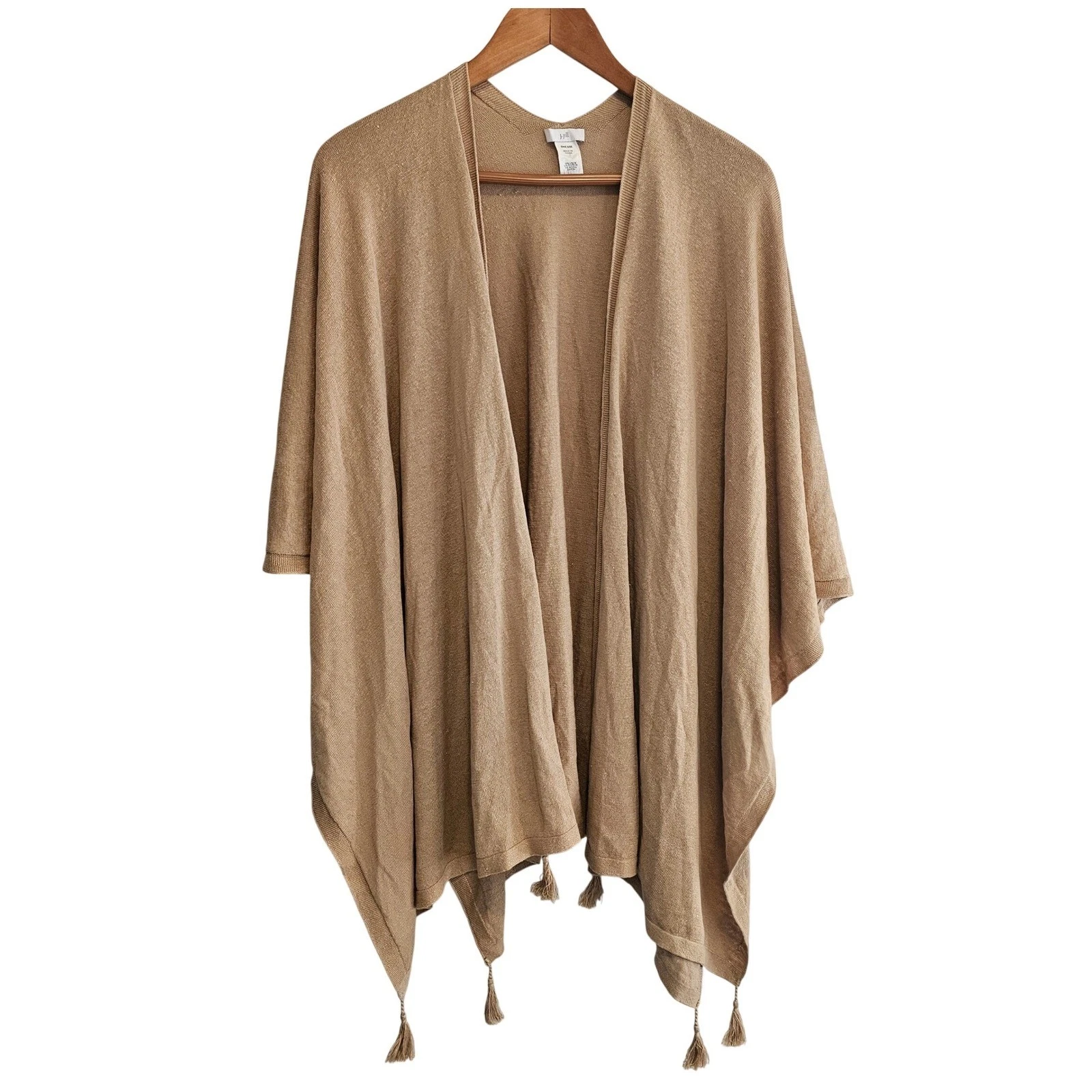J Jill OS Camel Tan Poncho Tassel Sweater Linen Blend Beachy Topper Capsule