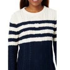 LL Bean Womens Small Organic Cotton Cable Knit Striped Sweater Navy Cream Preppt