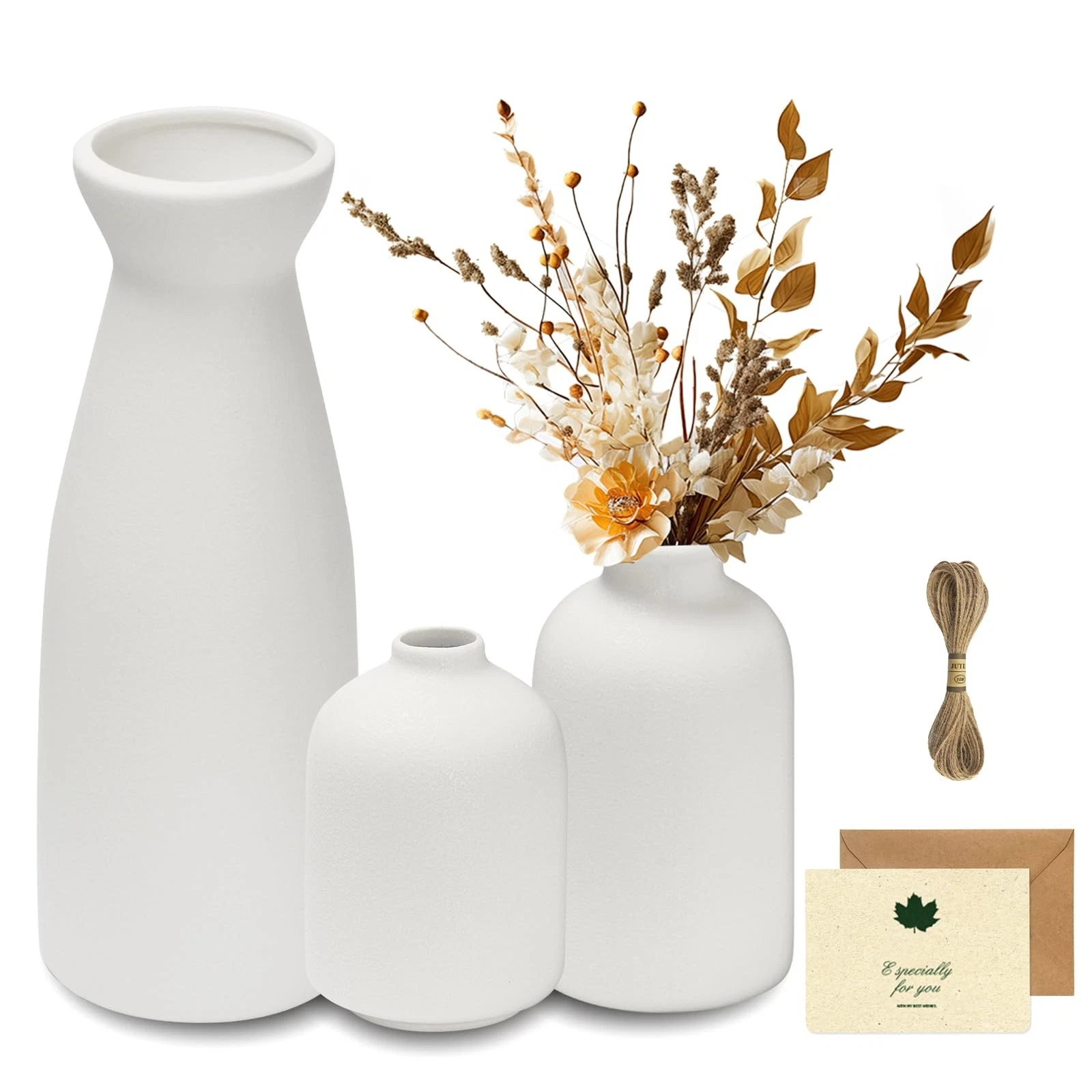 Pottery Vase Set of 3, White Unique Small Pottery Flower Vases, Pampas Grass &...