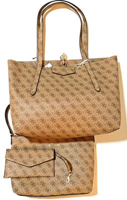 GUESS HANDBAG SET WOMEN ECO BRENTON TOTE BAG 4G LOGO RPET BROWN 3-PCS