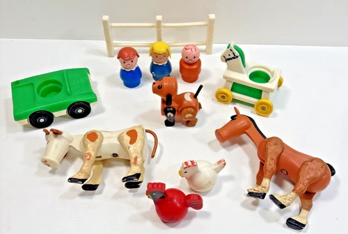 Vintage Mixed Lot 11 Fisher Price Little People , Vehicles, Animals, Fence