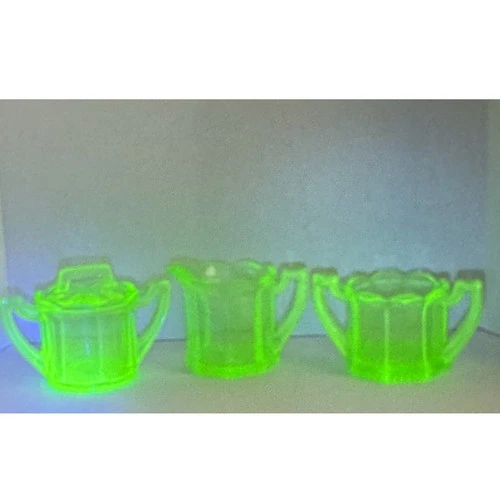 Vintage Uranium Glass Cream & Sugar & Covered Sugar Set Starburst Bottom
