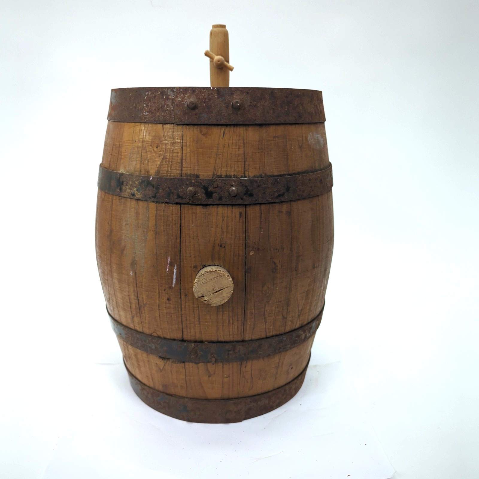 Vintage French 15 Wooden Barrel Keg Rundlet Iron Bands 15"H, 10" Diameter