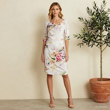 Evening Romantic Knee Length Dress Multi Floral Cotton Blend Shift Party US 10