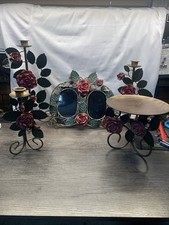 Vintage CBK Set Of Victorian Roses Metal Pillar Candle Holders And Picture Frame