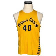 Vintage 1940s Corpus Christi Basketball Jersey Yellow & Blue Striped Side M