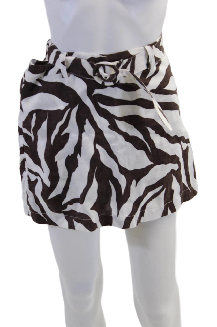 Faithfull The Brand Womens Linen Animal Print Belted Shorts White Brown Size 4