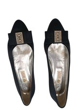 1970s Gucci Crystal Emblem Ballerina Bow Flats 39 B Black Holiday Wedding Glam
