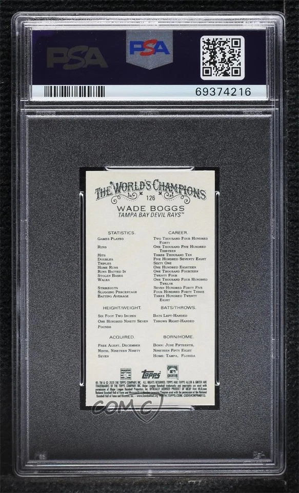 2020 Topps Allen & Ginter's Mini Black Wade Boggs #126 PSA 10 GEM MT HOF - Image 2 of 2