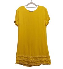 Lulus Dress Womens M Crepe Lace Shift Mustard fringe lined modest casual office