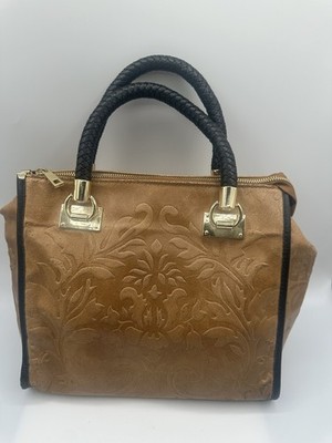 Borse In Pelle Embossed Brown Leather Black Braided Handles Satchel Handbag