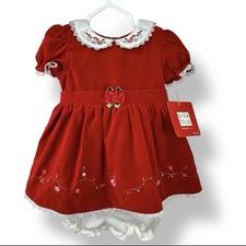 VTG Baby Togs Red Velvet Dress Embroidered Flowers W/bloomers 6/9 Mo Girls NWT