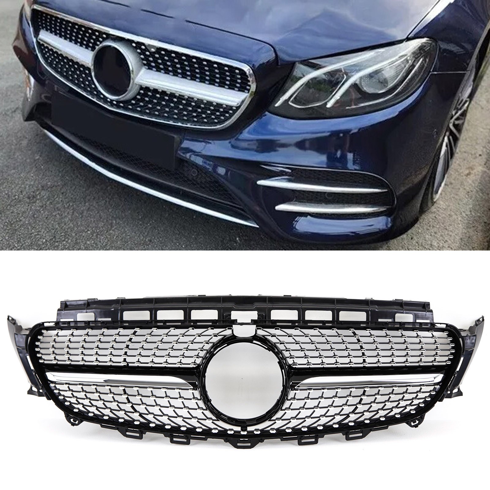 Fits Mercedes E Class W213 S213 C238 A238 2016-2020 Front Bumper Grille Sport Gloss With Chrome Trim & Pins Black 7426938452224 - Image 2