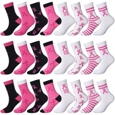 24 Pairs Breast Cancer Socks Bulk for Girls Women Pink Ribbon Awareness Run S...
