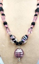 Pink  Black Beaded Necklace With Pendant - Black /White Stripes