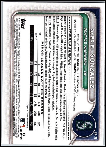 2024 Bowman Prospects #BP-35 Gabriel Gonzalez - FREE SHIPPING! - Picture 2 of 2
