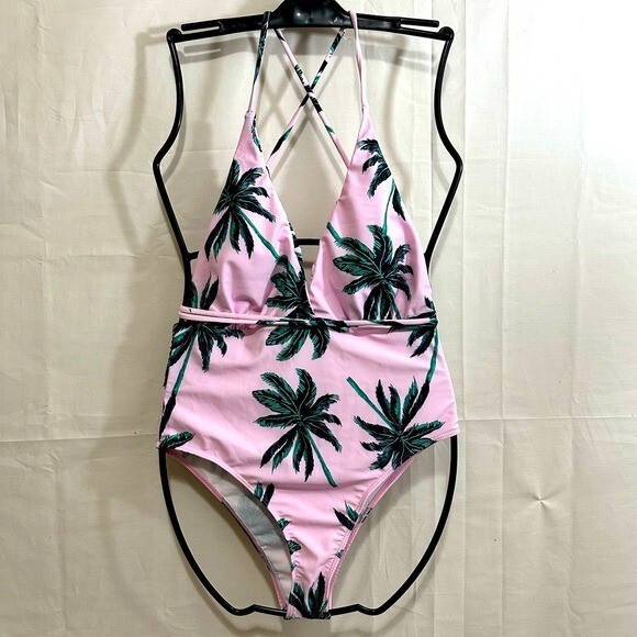siane♡ Shein Womens Pink Deep V One Piece Swimsuit with Palm Trees Size
