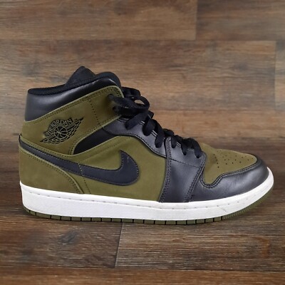 Nike Air Jordan 1 Mid Olive Canvas Black White 554724-301 Men's