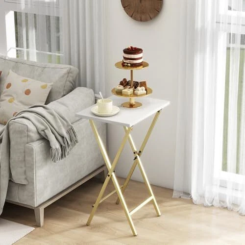 TV Tray Table Set of 2, TV Dinner Tray, Folding Table, Gold White 2 Pack - Image 2 of 4