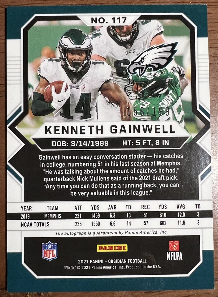 KENNETH GAINWELL Autographed 2021 # 156/199 Panini OBSIDIAN  - Image 2 of 2