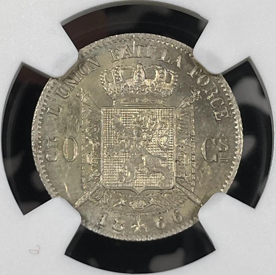 Lote de 50 céntimos Bélgica 1866 NGC MS64 #G9988 ¡plata! Elección UNC! Francés KM#26 Foto 3 de 3