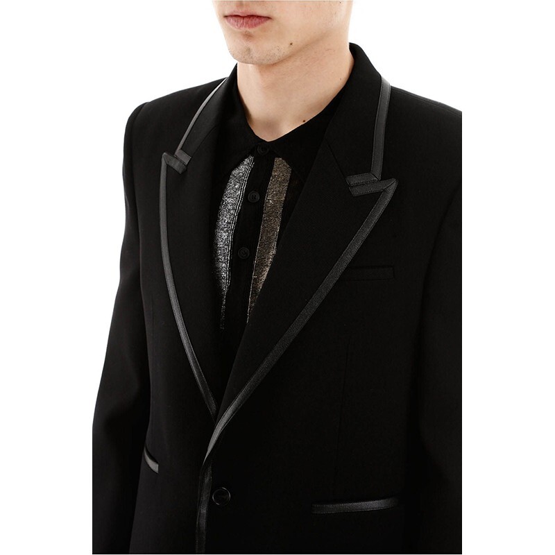 GIACCA BLAZER 52 NUOVA $3 290 SAINT LAURENT UOMO LANA NERA FINITURE IN PELLE aderente