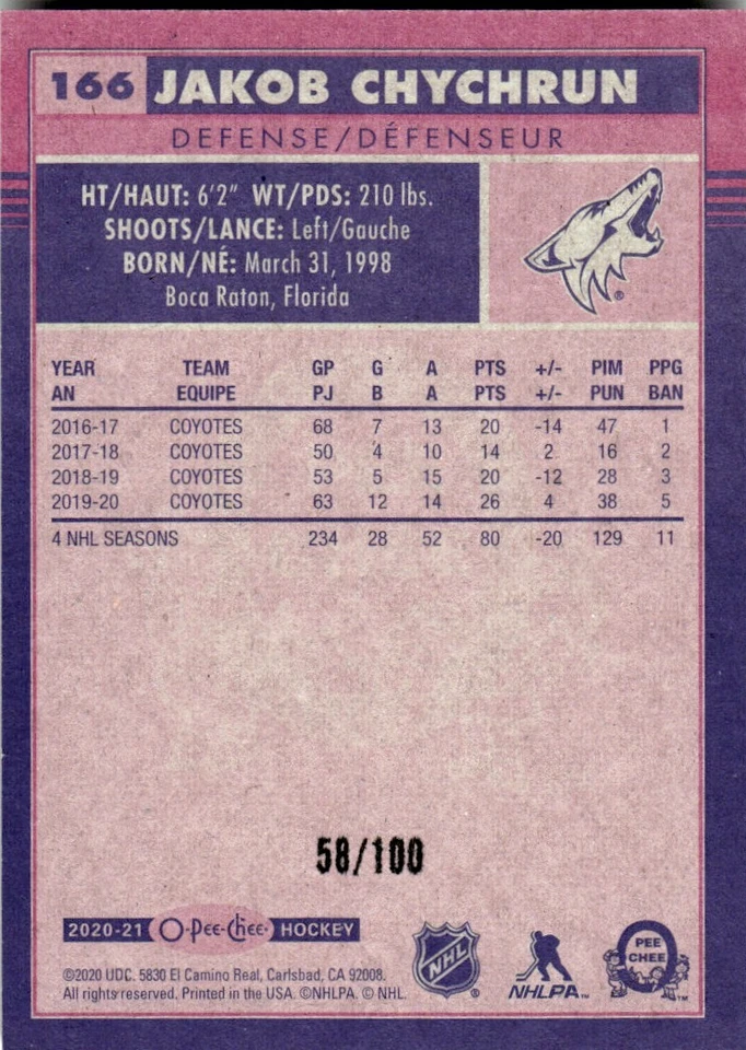2020-21 O-Pee-Chee Retro Black Border Jakob Chychrun 58/100 Arizona Coyotes #166 - Image 2 of 2