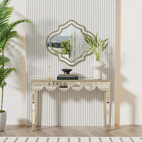 Glam Console Table Furniture Mirrored Entry Table w/ Gold Rim Lantern-like Edge - Picture 6 of 12