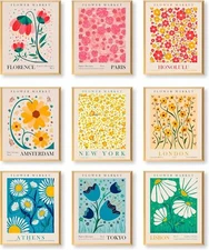 Flower Market Poster Set of 9, Abstract Wall Art Prints,Vintage Colorful Floral 