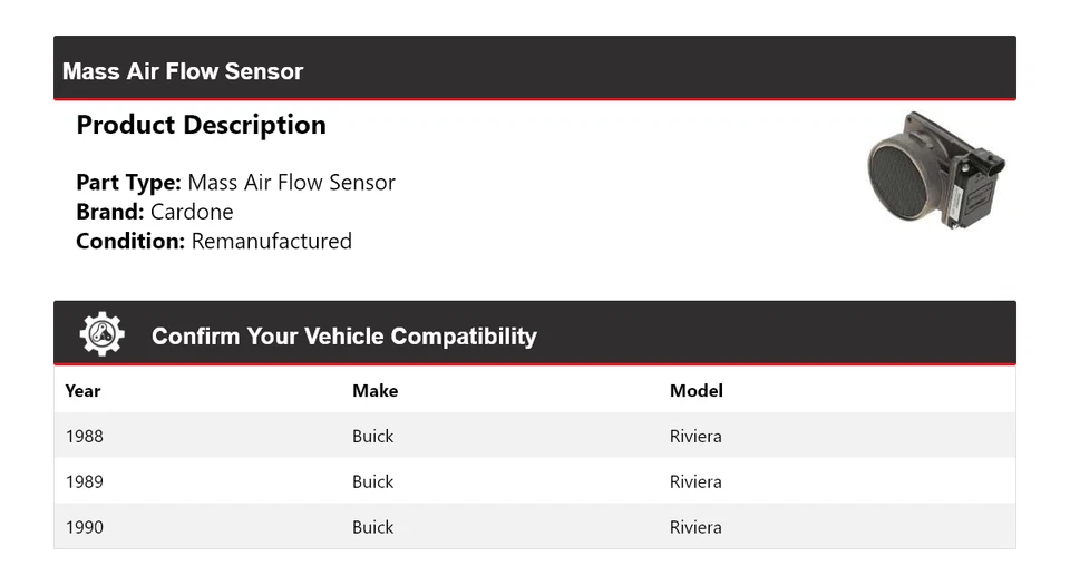 For 1988-1990 Buick Riviera Mass Air Flow Sensor Cardone 1989 - Image 2 of 4