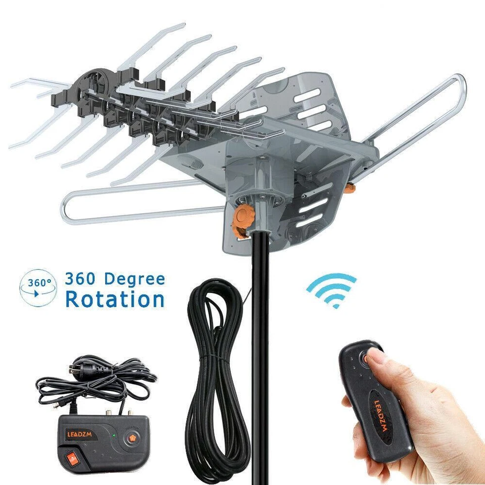 200 Mile 1080P 4K HDTV Outdoor TV Antenna Motorized Amplified 36dB 360° Rotation