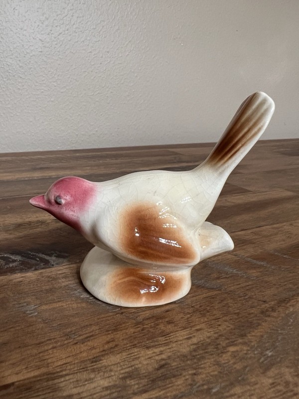 Ceramic Pie Bird Small 4 in White Pink Brown Animal Figurine Vintage