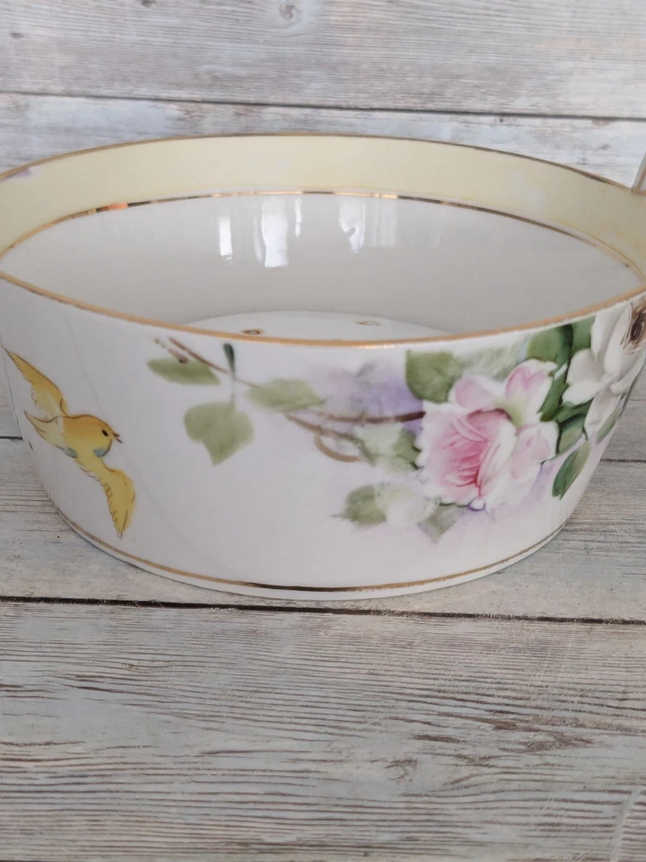 Plato de mantequilla de porcelana vintage con par de insertos Nippon pintado a mano pájaro rosa Foto 3 de 4